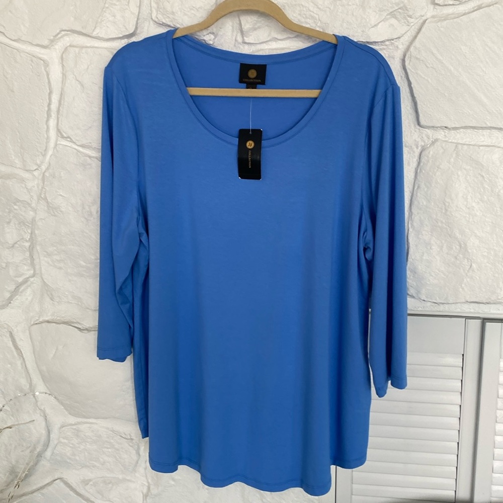 JM Collection stretchy blue scoop neck curved hem 3/4 sleeves new with tags